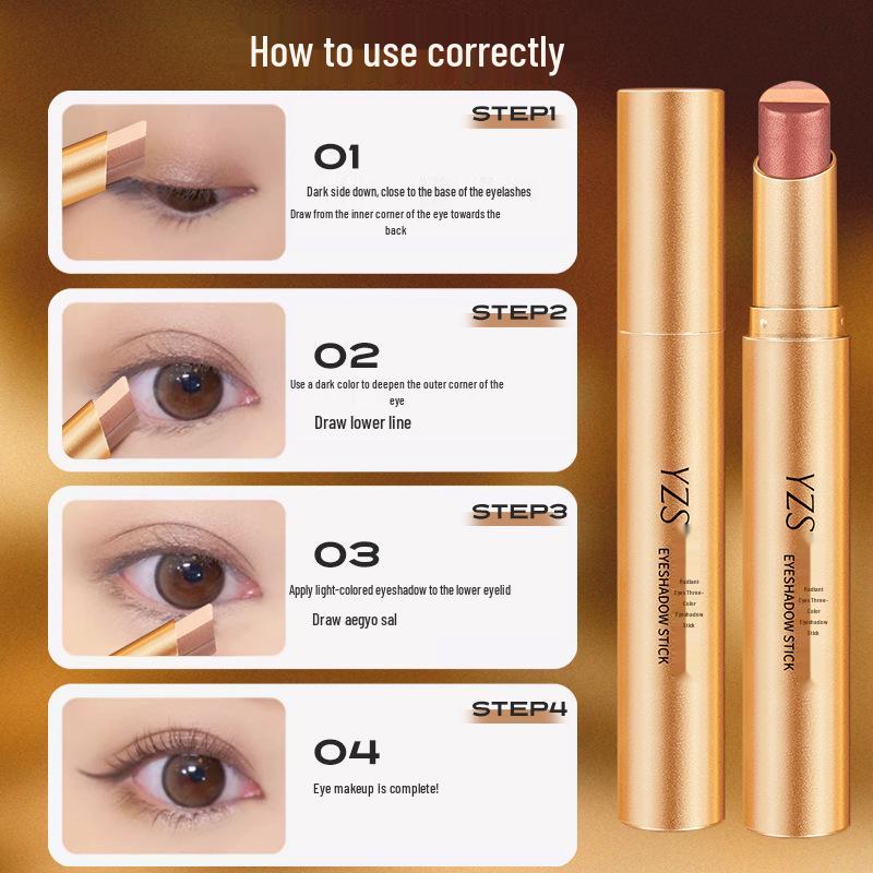 YZS Radiant Three-Color Eyeshadow Stick: Pearlescent Glitter Gradient Pencil for Contour & Highlight.