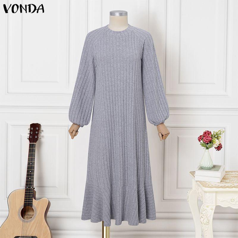 VONDA Abito Maxi Svasato Casual Base in Maglia a Coste con Scollo Tondo e Maniche Lunghe da Donna per l'Autunno