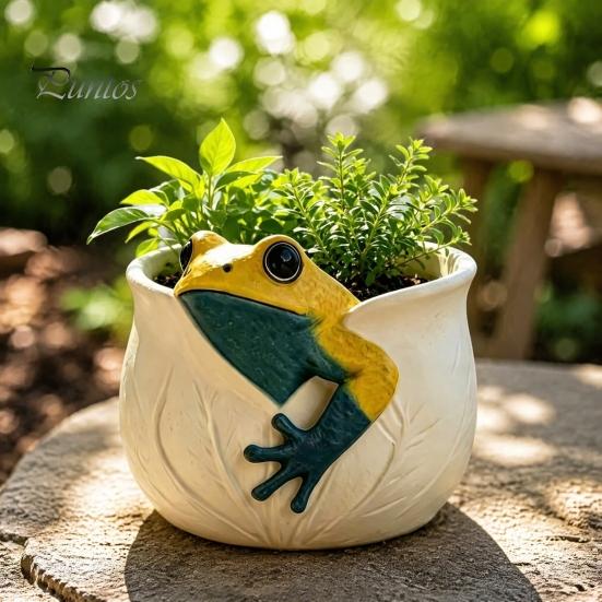 Versatile Gardening Gift for Women 3D Frog Planter, Cute Animal Plant Pot with Leaf Vein Weather Resistant Planter Outdoor Garden Textures, Decorative