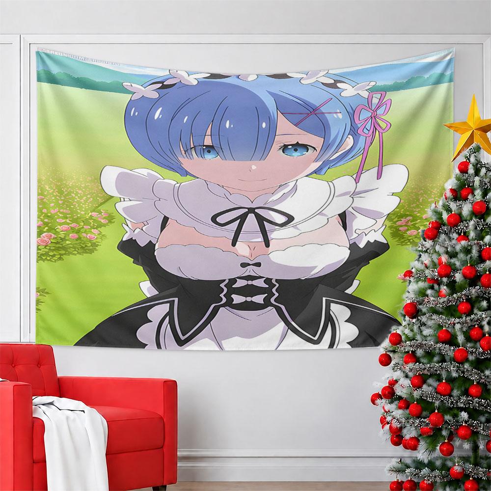 Blue-Haired Maid in Rose Garden Pattern Wall Hanging Tapestry Decorative Tapestry Home Decor for Bedroom and Living Room