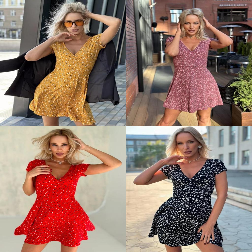 Summer Floral Knit Dress With Vneck Short Sleeves For Casual Women