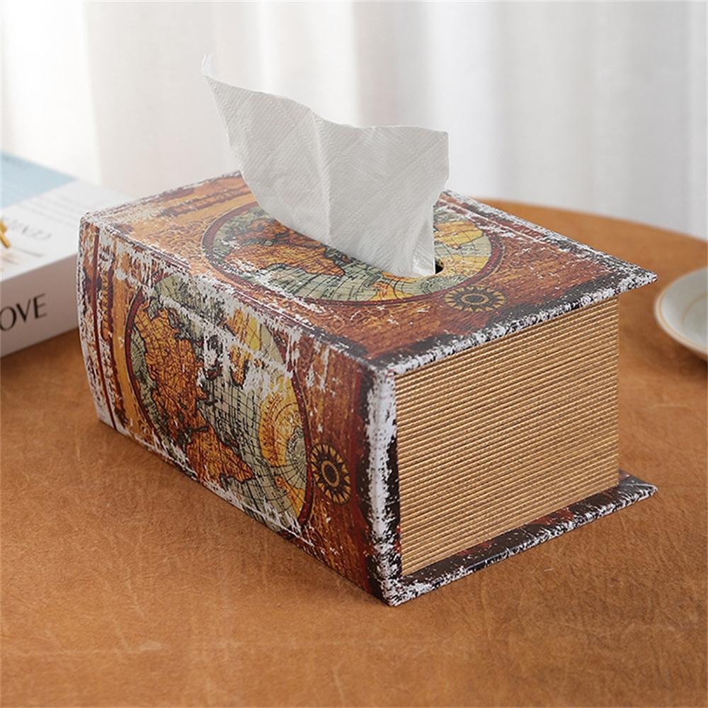 Retro European Simulation Book Tissue Box Wooden Coffee Table Napkin Storage Box Living Room Decoration Leather Tissue Organizer
