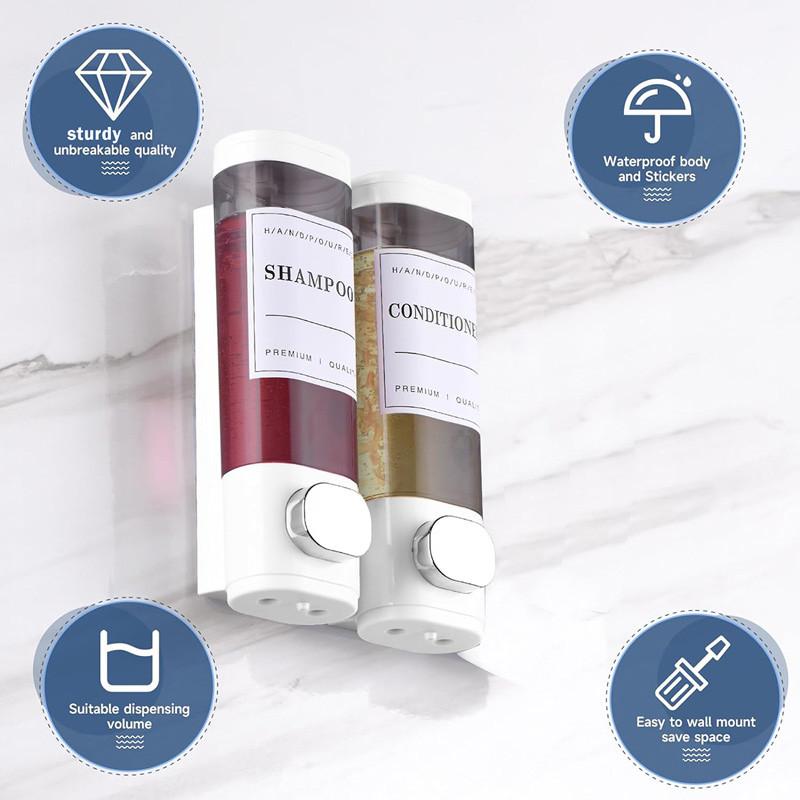 300ml 2 Chamber Shower Soap Dispenser Wall Mounted for Shower Wall Shampoo and Conditioner Dispenser Bathroom Hotel with Labels