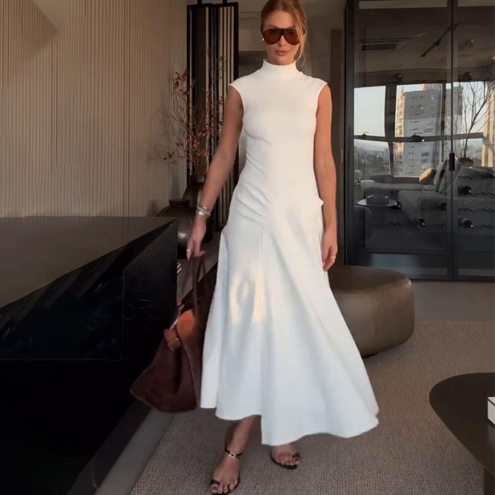 Women's Turtleneck Sleeveless Maxi Dress Slim Fit High Waist Solid Ruched Mermaid Casual Dress