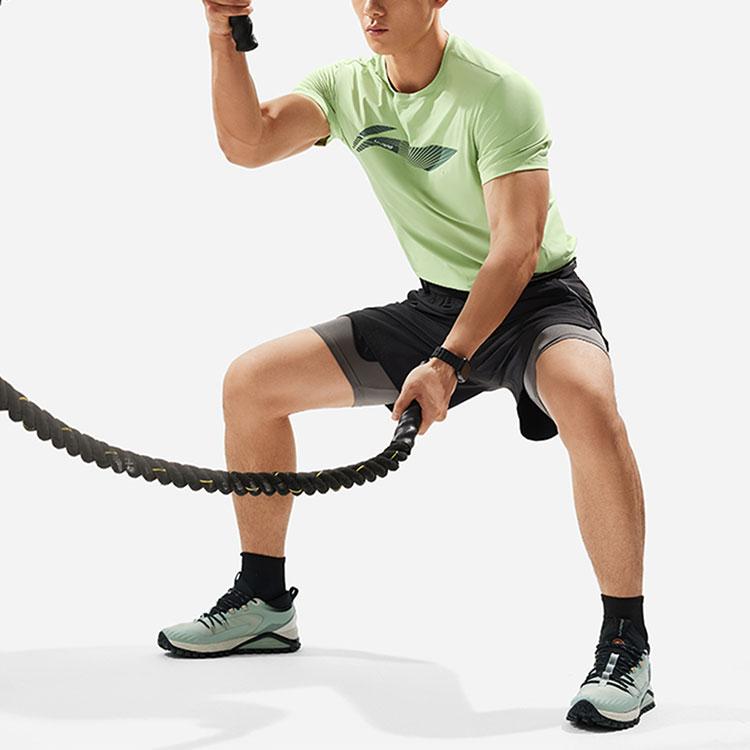 Li Ning Fitness Series Logo Letter Round Neck Comfortable Versatile Quick-Dry Short Sleeve T-Shirt Men Tops Laurel-Green ATSU021-8