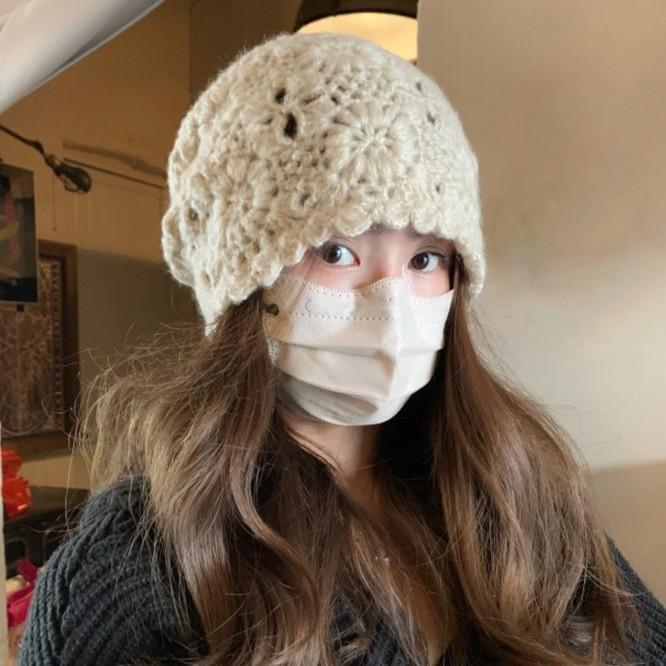 Japanese Handmade Crochet Flower Hollow Baotou Hat Autumn and Winter New Knitted Hat Women's Face Showing Small Pile Hat