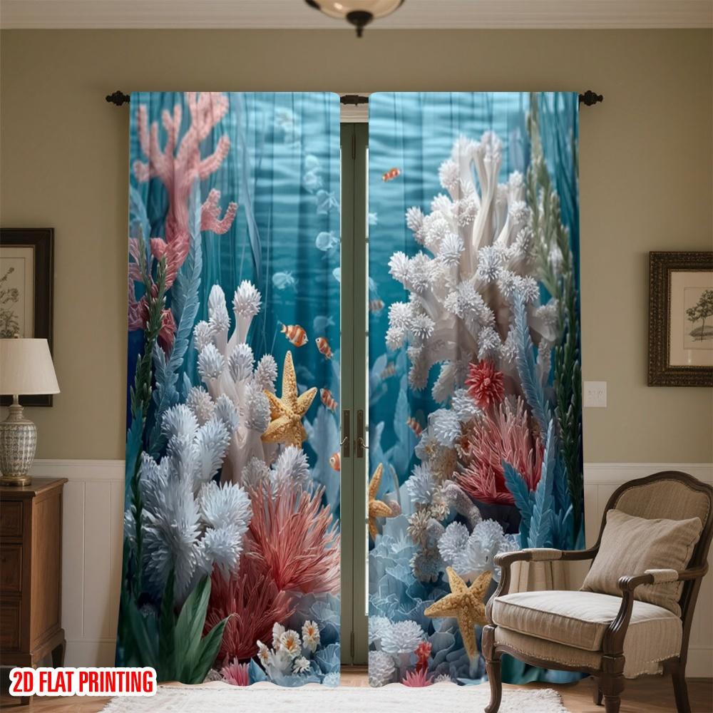 Set Of 2 Flat Printing Curtains Blue Ocean Shell Starfish Coral Digital Printed Polyester Drapes Party Decorations New Curtain