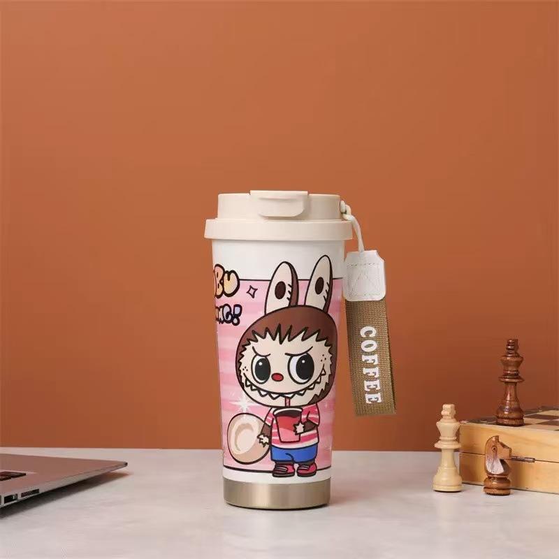 Labub 304 stainless steel thermos cup cartoon pattern portable lily of the valley cup girls high value with straw fashion
