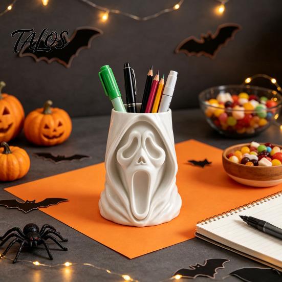 Desktop Storage Organizer Halloween Ghost Face Candy Bucket, 3D Printed Trick or Treat Snack Holder, Ornament Spooky Screaming for Indoor Home,