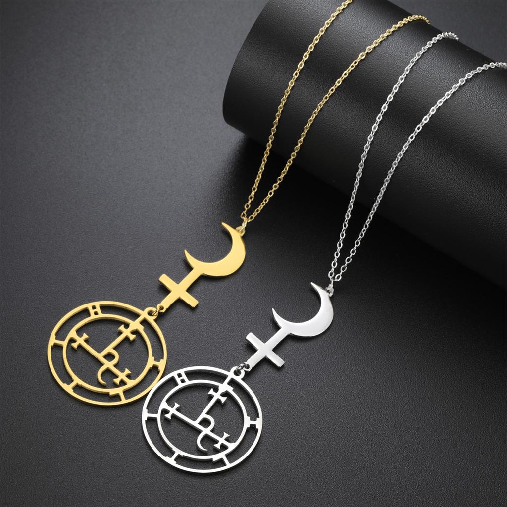  Mythical Goddess Sigil of Lilith Necklaces Stainless Steel Crescent Moon Cross Pendant Necklace Solomon Amulet Jewelry