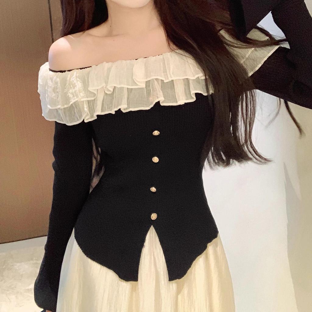 Pure Desire Elegant Ruffled One-Shoulder Long-Sleeve Shirt with Slit and Button-Up, for Inner or Outer Wear.