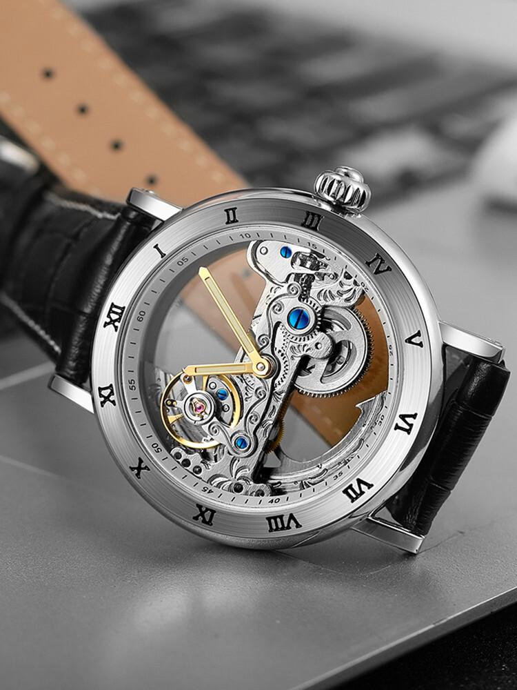 Forsining New Fashion Transparent Skeleton Mechanical Watch Men Leather Waterproof Luminous Hands Steampunk Automatic Watches