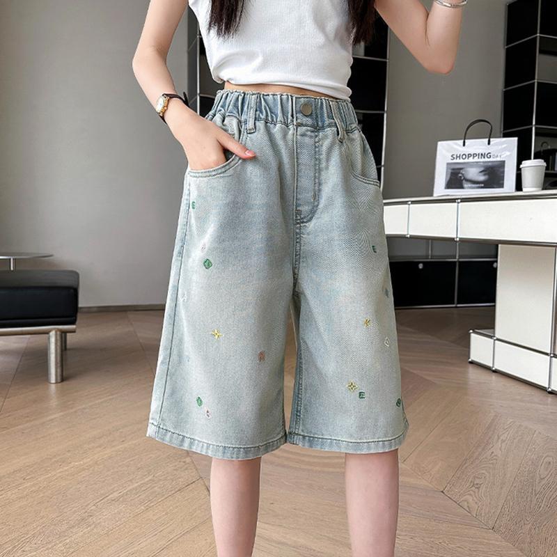 Summer Children Short Jeans Teen Girls Fashion Star Embroidery Wide Leg Denim Shorts Kid Casual Loose Knee Length Pants