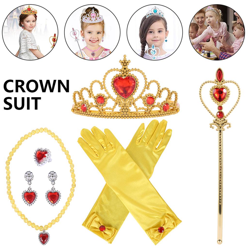 6pcs/Set Princess Jewelry Christmas Celebration Party Dressing Crown Scepter Ring Necklace Cosplay Accessory Girl Birthday Gift