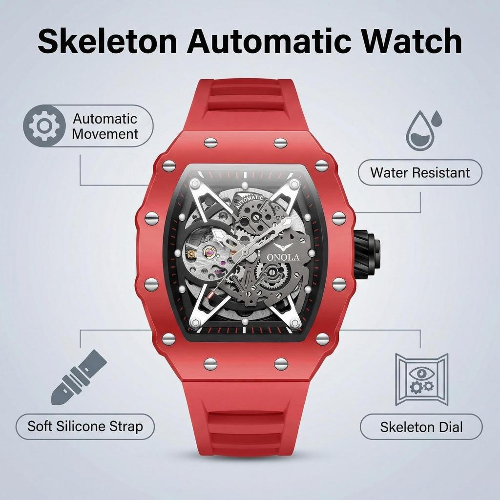 Automatic Skeleton Watch Mens Waterproof Luminous Tonneau Mechanical Wrist Watch Silicone Band