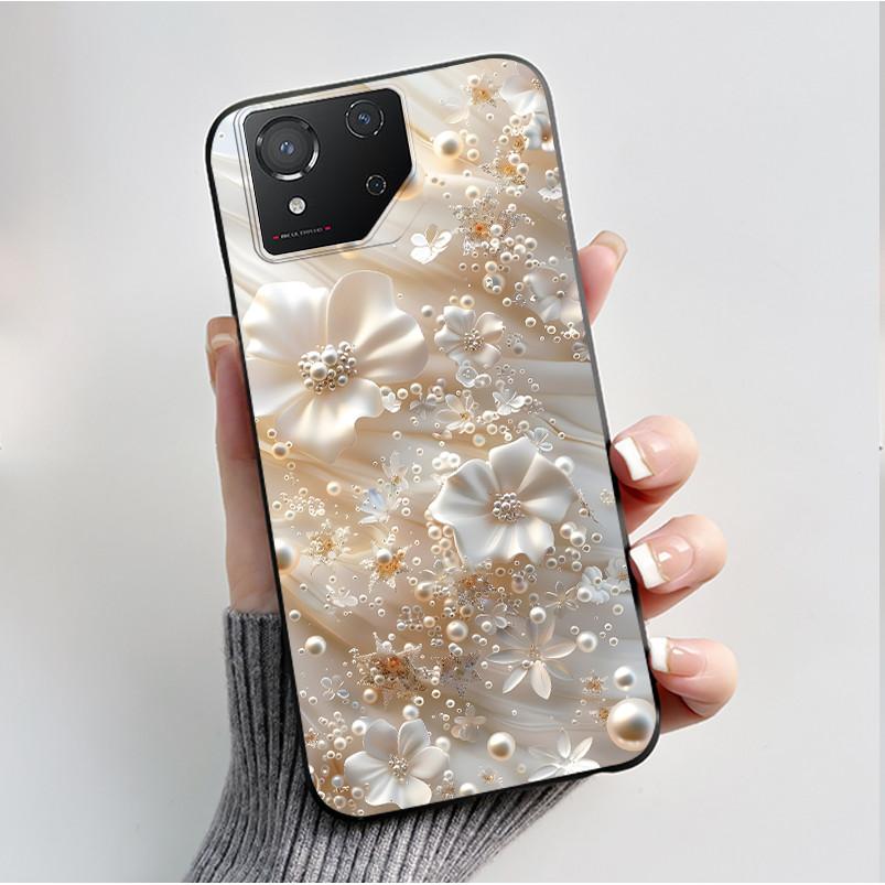 For ASUS ROG Phone 8 Case For ROG Phone 8 Pro Case Capa Soft Silicone Black Shell Cover Cute Flower Cartoon Printing Phone Cases
