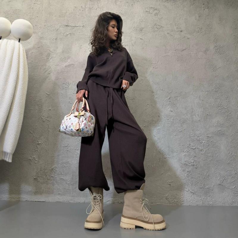 Womens Knit Cardigan Wide-Leg Pants Set Casual Solid Color Streetwear Outfit