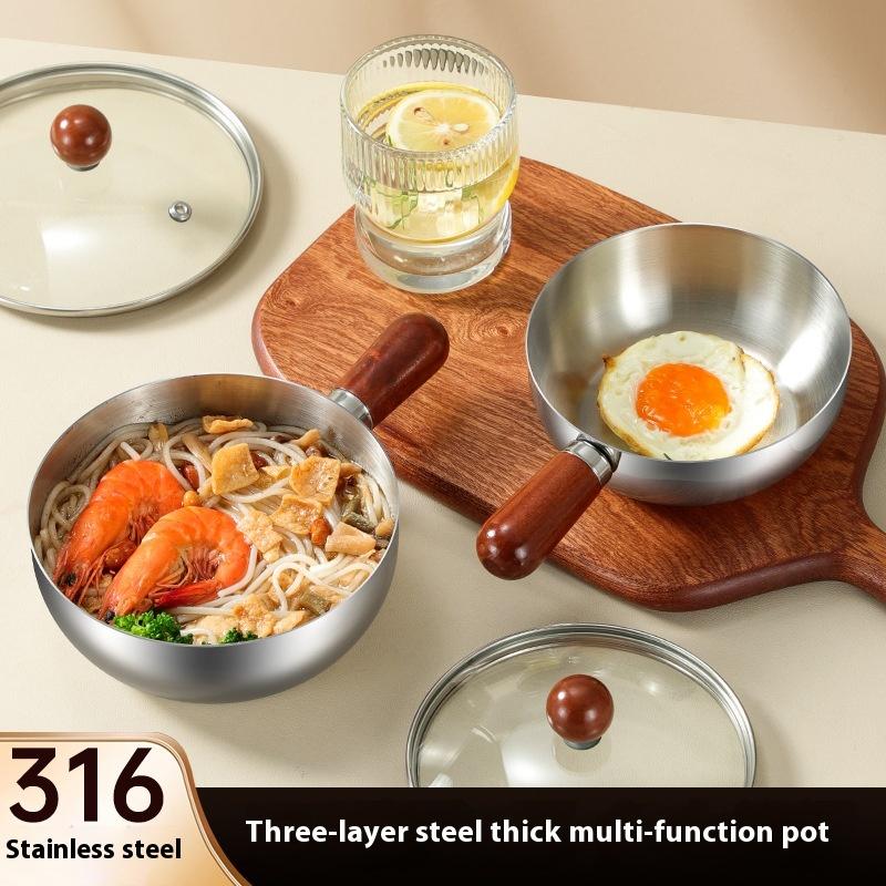 14Cm Single-Person Pot Stainless Steel Bowl Walnut Wood Handle Fruit Salad Yogurt Bowl Restaurant Breakfast Cooking Tool