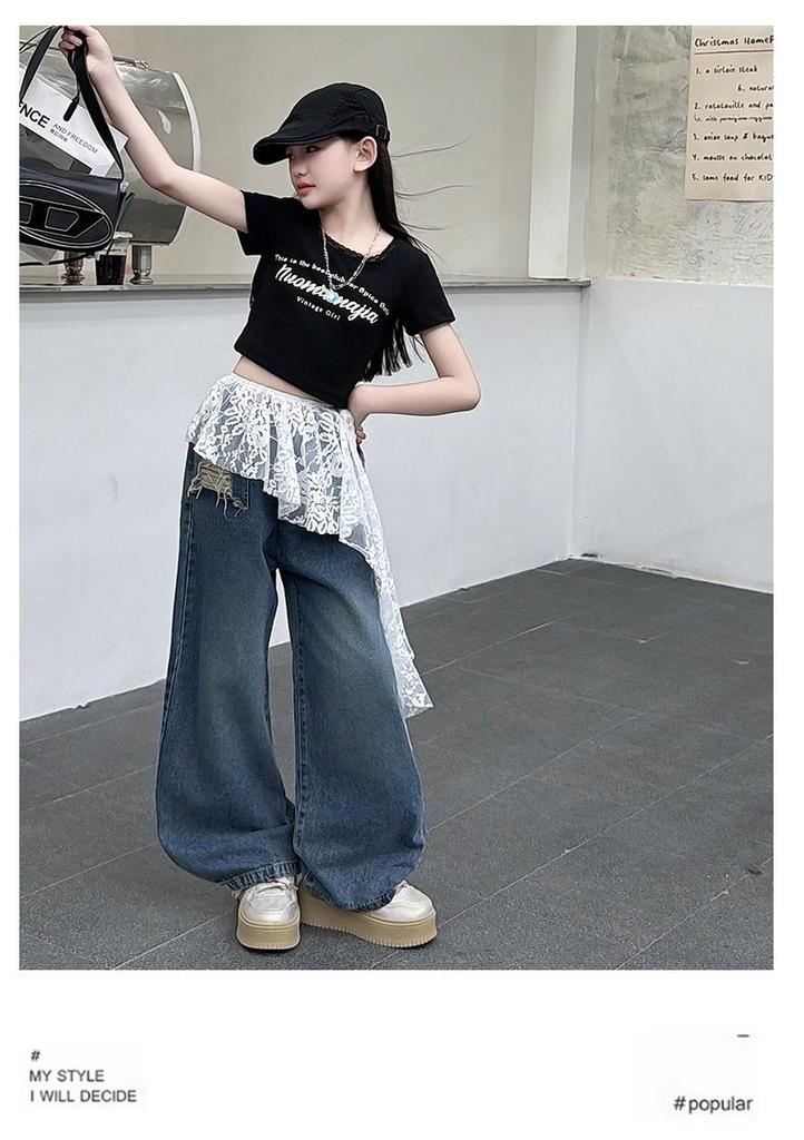 Girls' Trendy Backless T-Shirt & Jeans Set with Lace Jazz Dance Cover