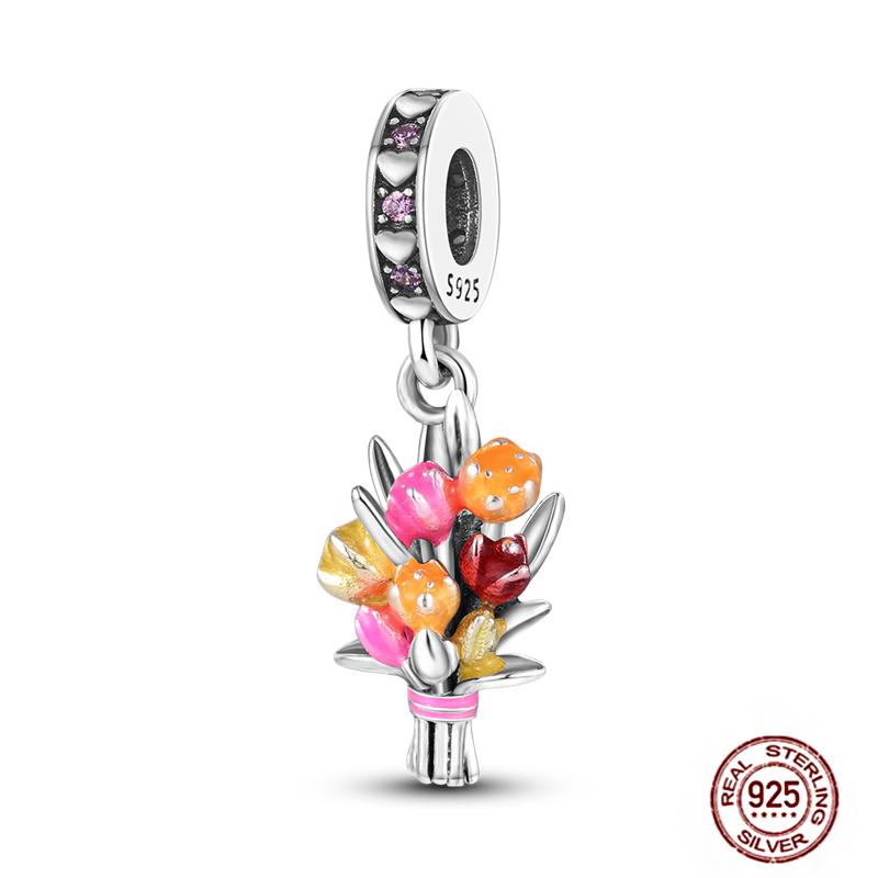 Copper Charms Great Love Mother Family Sister Pink Heart Tulip Cha Beads Fit Original Bracelet Diy Mother'S Day Jewelry Gift