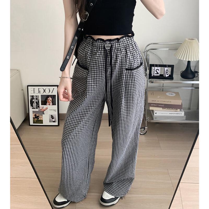 TonLion 2025 Sommer Damen High-Waist Karomuster Weitbeinige Freizeithose