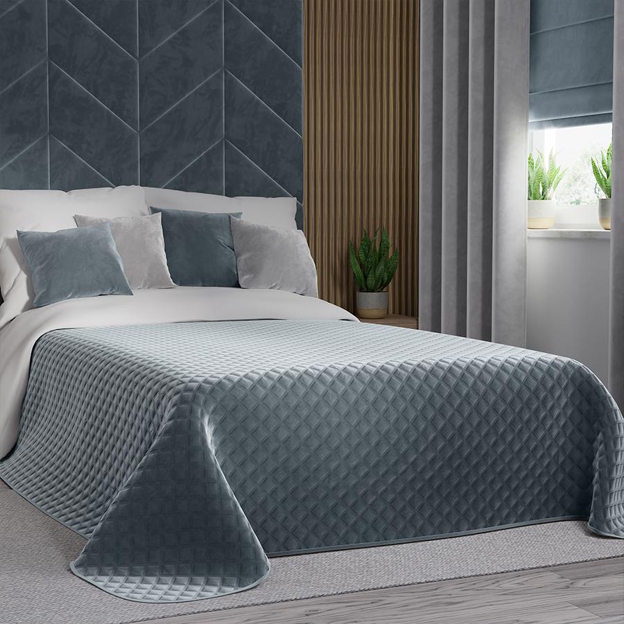 VELVI Bedspread 170x210cm - subdued blue with a geometric pattern