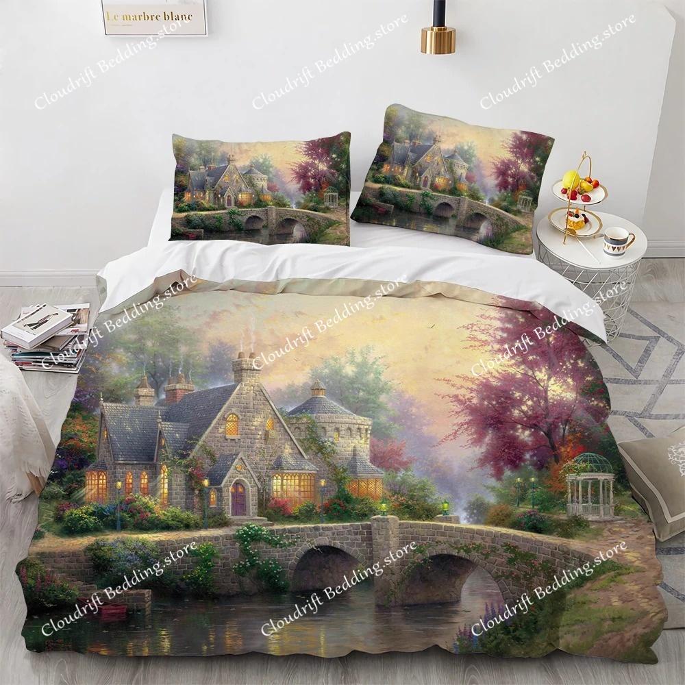 Oil Painting King Queen Duvet Cover Vintage Building Landscape Bedding Set for Adults Retro Art microfiber Quilt Cover