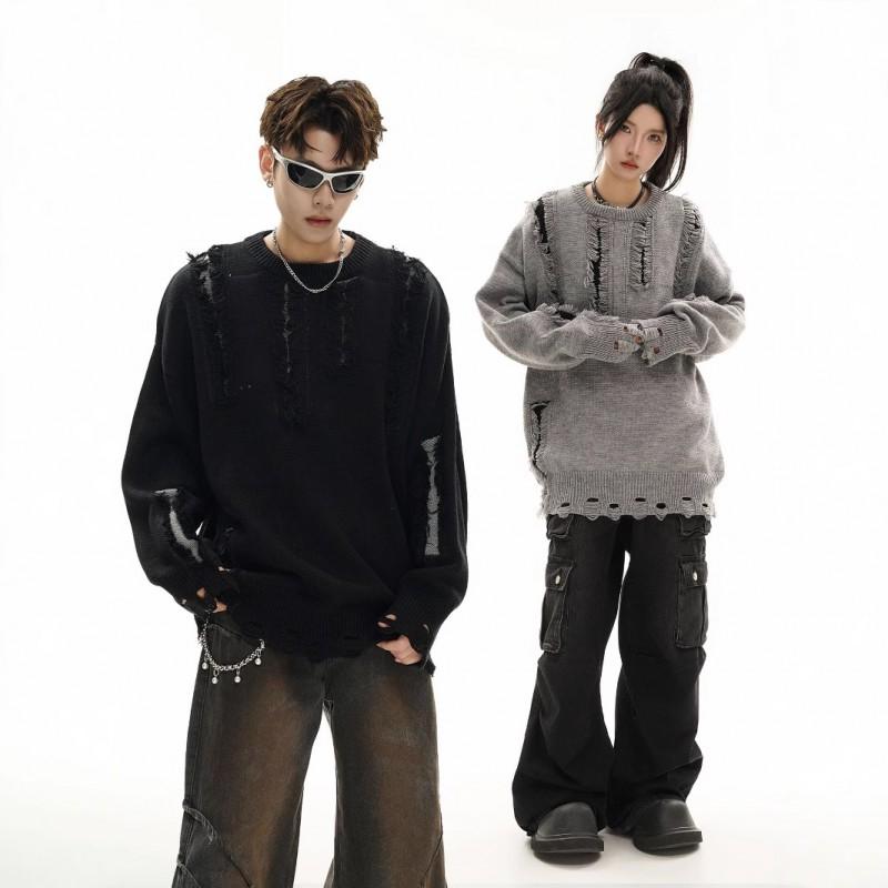 Unisex Oversized Knit Sweater With Distressed Hole Detail Streetwear Casual Pullover Youth Winter