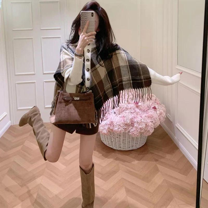 

2026 Korean Style Chic Tassel Plaid Top with Coffee Color Short Skirt - Trendy Spring/Autumn Two-Piece Look M [Recommended 95-105 lbs]