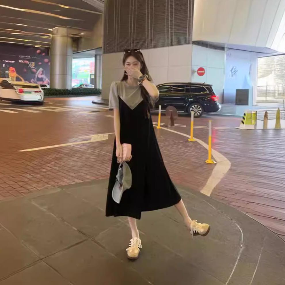 Rochie de vară chic colorblock cu mânecă scurtă de lungime medie pentru femei plinute