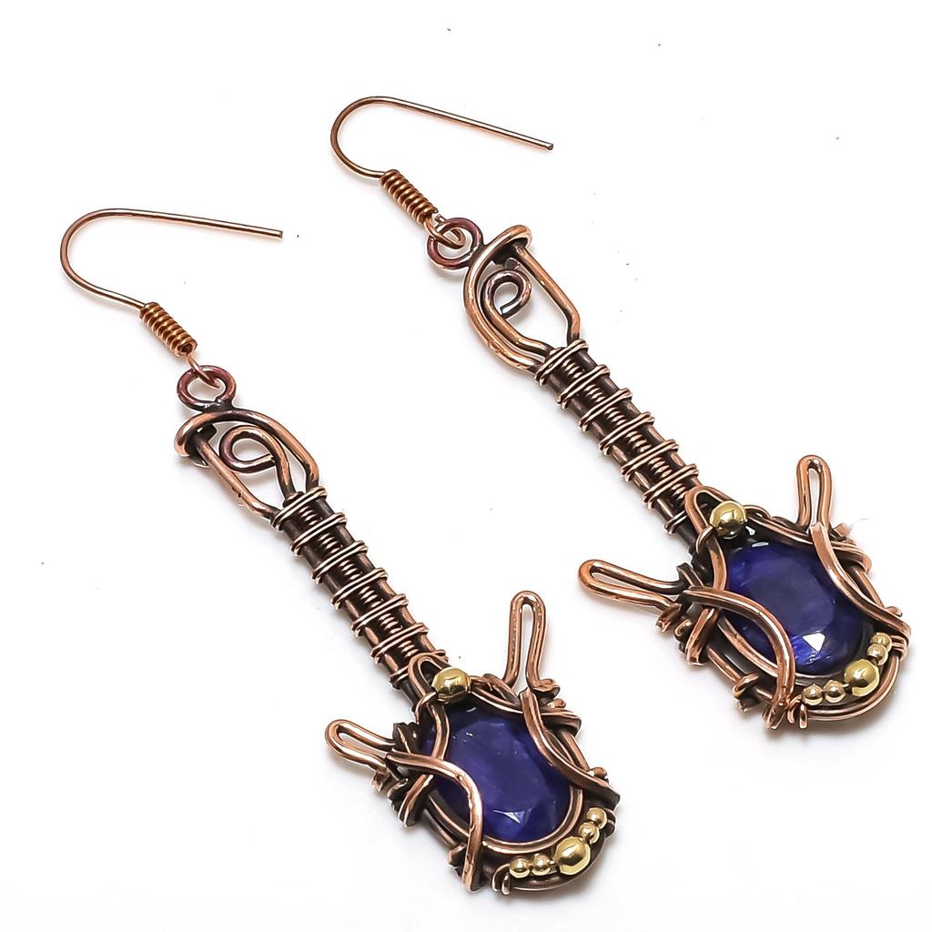 Blue Sapphire Earrings, Handmade Gemstone Earrings, 999 Copper Wire Wrapped Earrings Antique Jewelry, For Engagement Gift