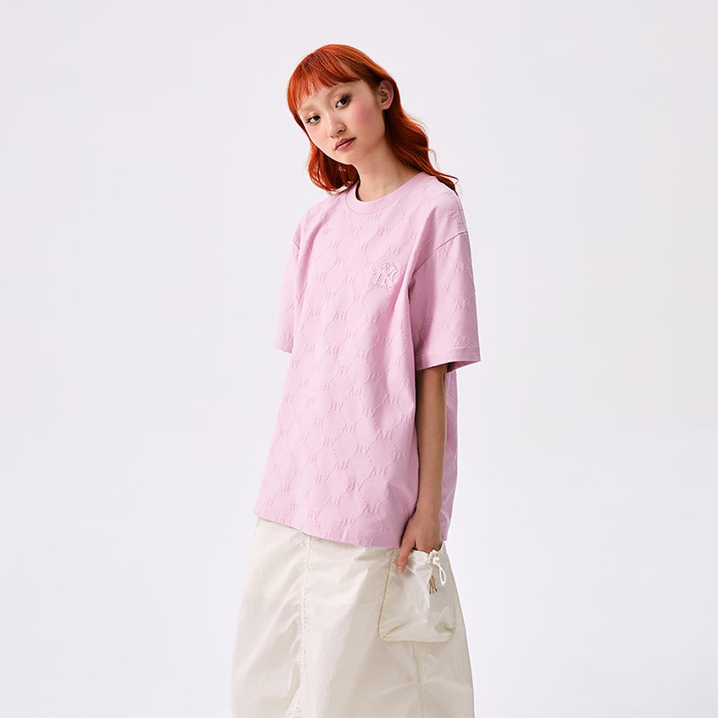 New MLB MONOGRAM Collection New York Yankees SS25 T Shirt Unisex Heather Gray Pink 3ATSM1353-50PKM