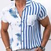 Men's Striped Patchwork Printed Short Sleeve Shirt Summer Beach Casual Top