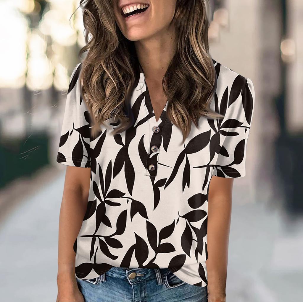 Hauts d'été pour femmes, mode décontractée avec imprimés floraux, col en V, manches courtes, t-shirt boutonné
