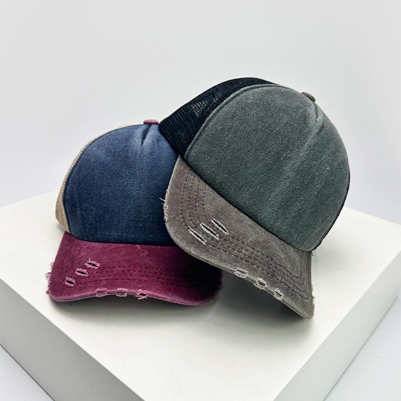 New Unisex Block Broken Baseball Hats Distress Breathable Mesh Sunshade Retro Trucker Caps Versatile Simple Fashion