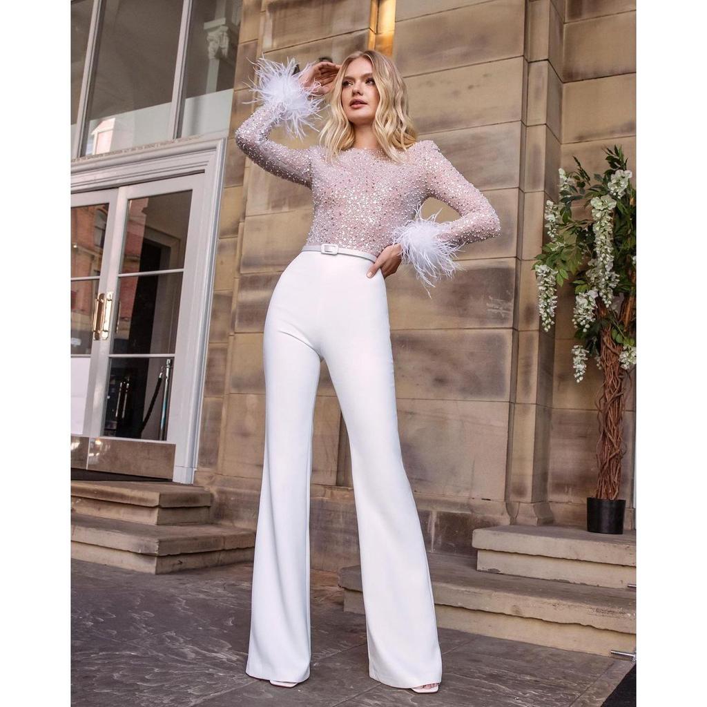 Salopetă ocazională cu mânecă lungă cu cusături pene pentru femei - Moda europeană și americană