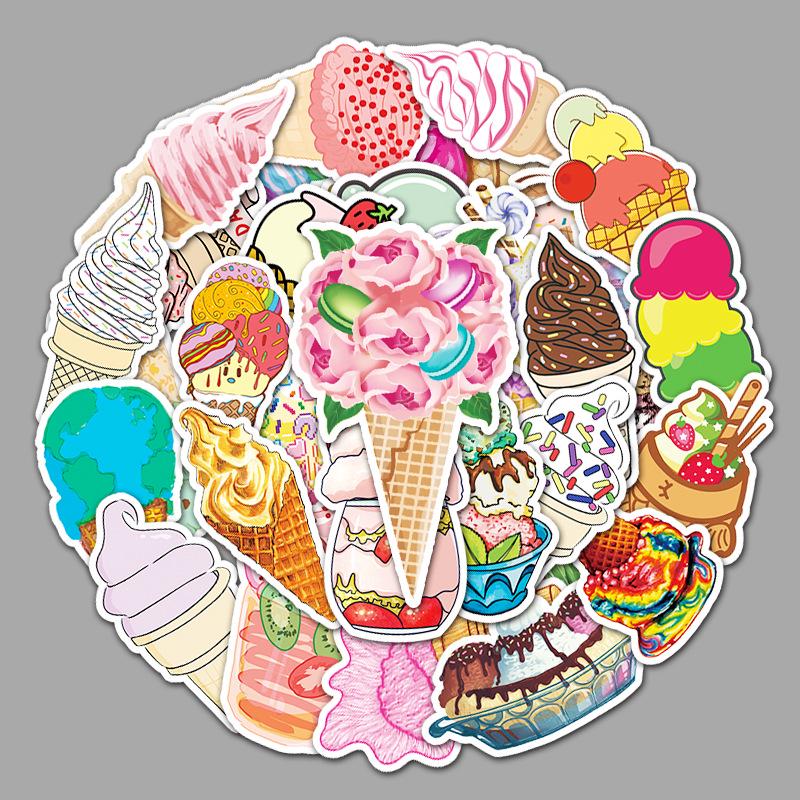 50-Count INS Style Ice Cream-Themed DIY Journal Waterproof Stickers for Luggage, Scooters, and Refrigerators.