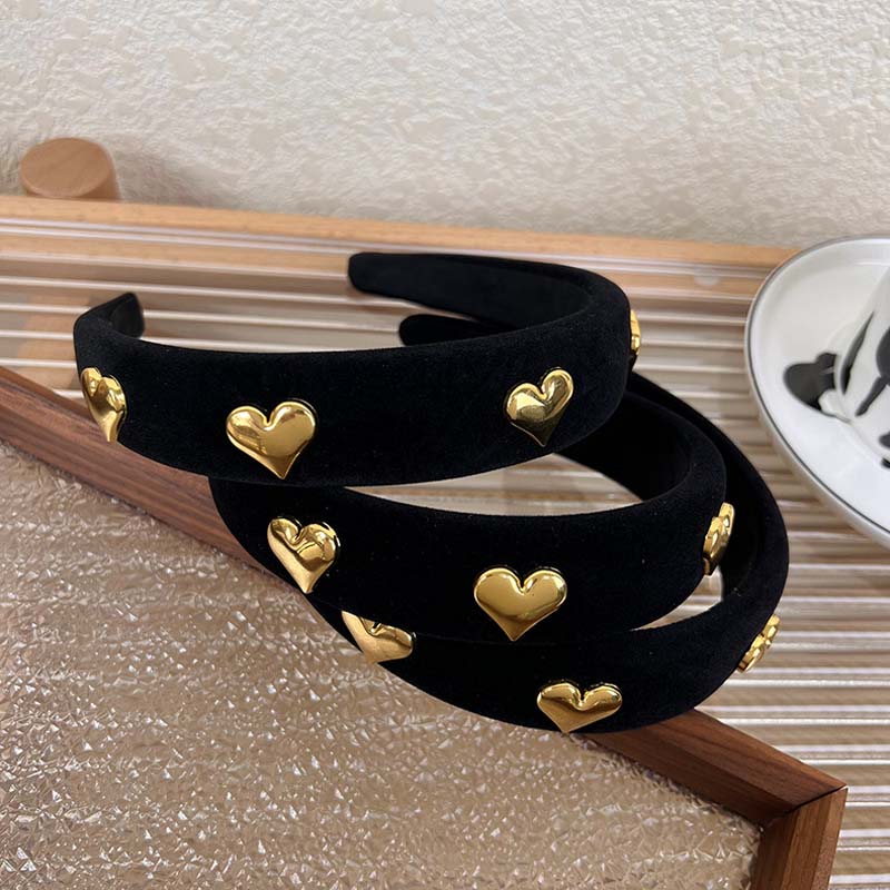 Punk Black Color Velvet Plush Hairbands Gold Color Alloy Love Heart Wide Brimmed Headband for Women Lady Hair Accessories