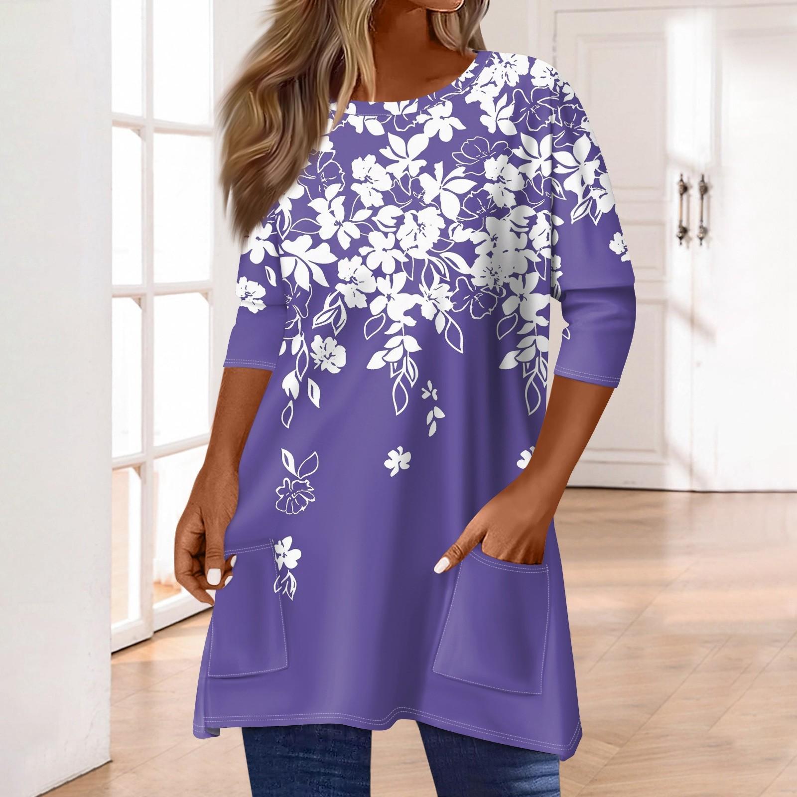 

3/4 рукава кармана топы для женщин футболка повседневный принт средней длины топы футболка круглый вырез пуловер блузка L