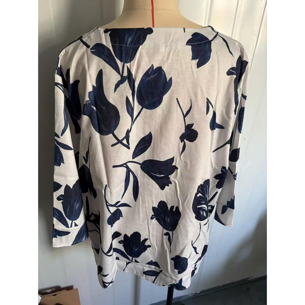New Arrival Printed Cotton Linen V-neck Short Sleeve Pullover Blouse