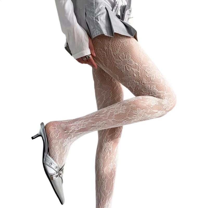 Women French Style Sexy Hollowed Sheer Fishnet Pantyhose Vintage Flower Jacquard Patterned Leggings JK Girl Lace Tights