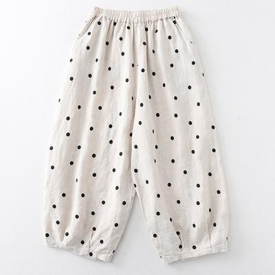 Literary and Artistic Fan Polka Dot Cotton and Linen Wide-leg Pants for Women's 2025 Autumn New Loose and Thin Elastic Waist Nine-point Casual Pants