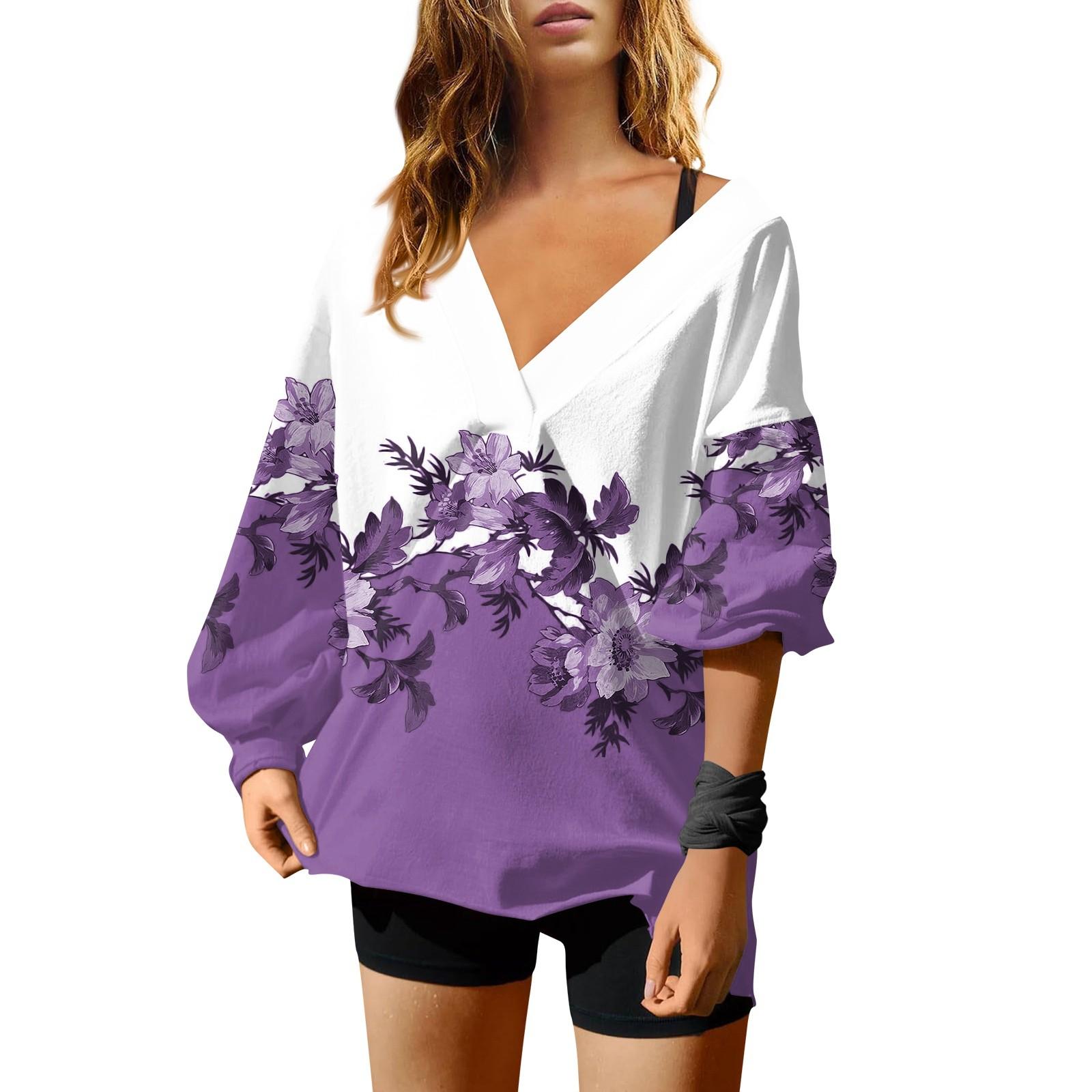 Женская мода V-образный вырез длинный рукав принтованный свободный пуловер свитшот топ — фото 13