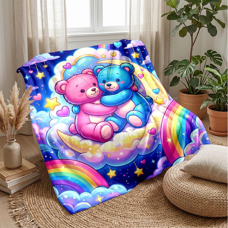 Teddy Bears Hugging under Rainbow Theme blanket Lightweight Warm Flannel Blanket Decorative Throw Blanket for Home Decoration