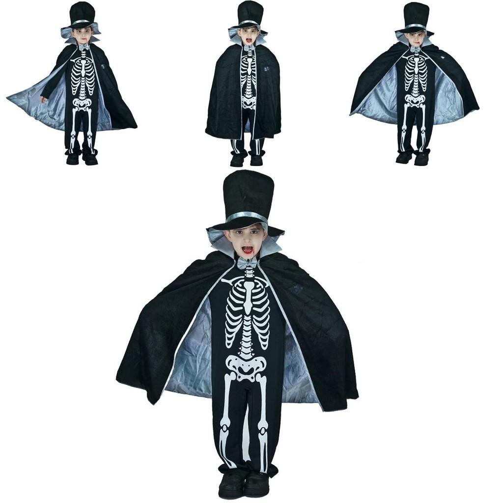Kids Boy Skeleton Skull Ghost Cloak Halloween Cosplay Party Outfit Costume