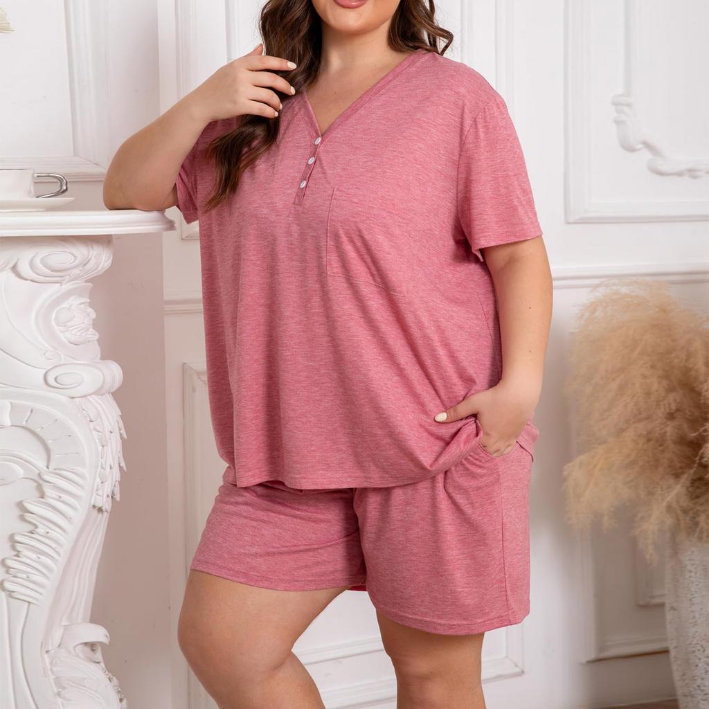 Plus Size Women's Two Piece Lounge Set Short Sleeve V Neck Top with Button Detail Elastic Waist Shorts Casual Sleepwear Set