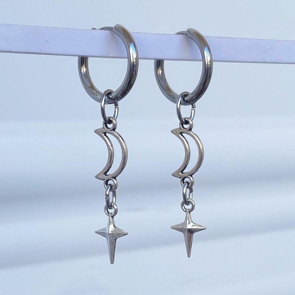 Y2K Hip-hop Silver Color Star Moon Dangle Hoop Earrings for Men Women Stainless Steel Gothic Punk Celestial Jewelry Accessories