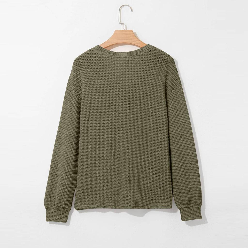 Women's Fashion Long Sleeve  Knit V-Neck Solid Color Casual Top