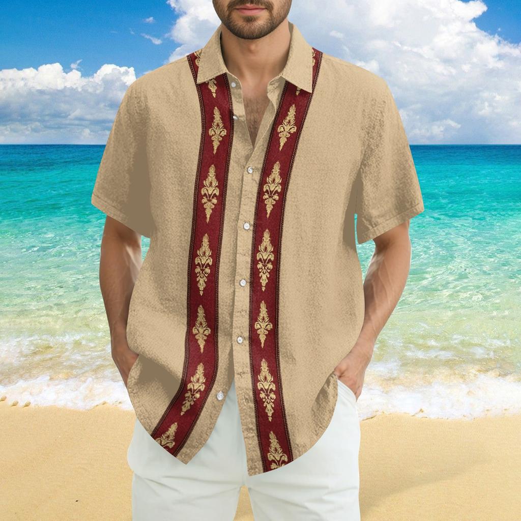 Men's Fashionable Casual Loose Striped Printed Beach Short-sleeved Shirt