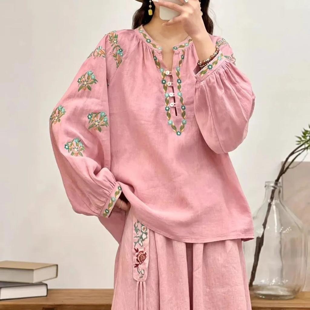 Spring New V-Neck Half Cardigan Button Heavy Industry Embroidered Cotton and Linen Mori Top
